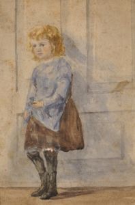 Ein Aquarell von Hedwig Eckart, geboren 1878, mit etwa vier Jahren. Zu dieser Zeit geriet die Konservenfabrik ihres Vaters Johannes Eckart in München in Schwierigkeiten, die Familie musste öfters umziehen.